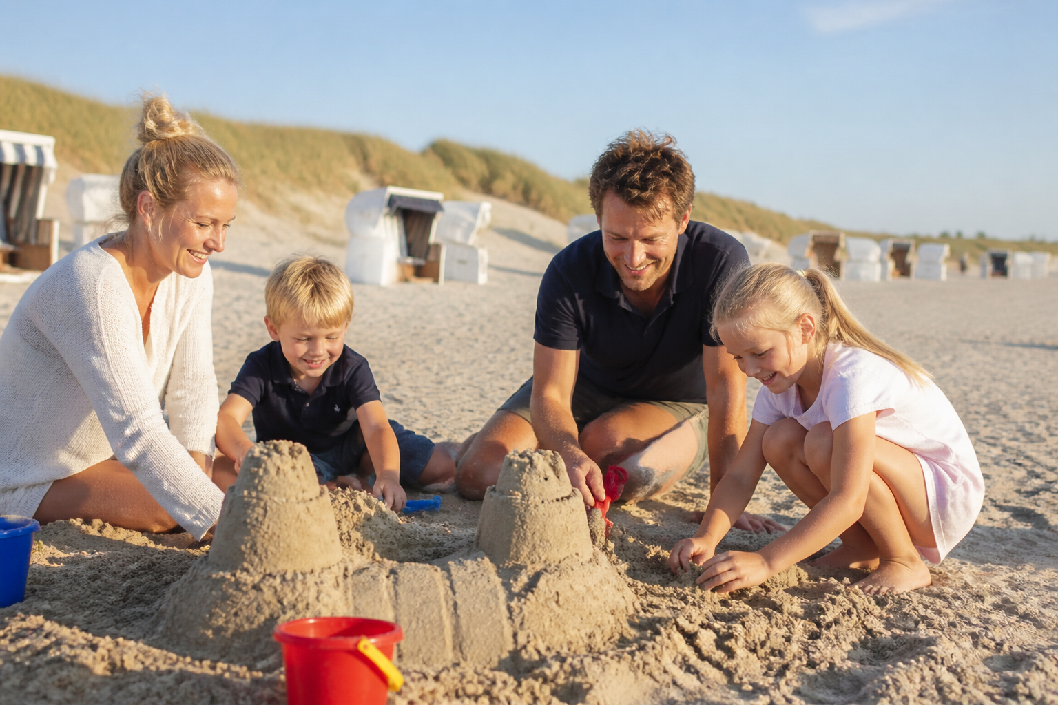 Familie mit Kindern beim Spielen am Südstrand von Wyk auf Föhr