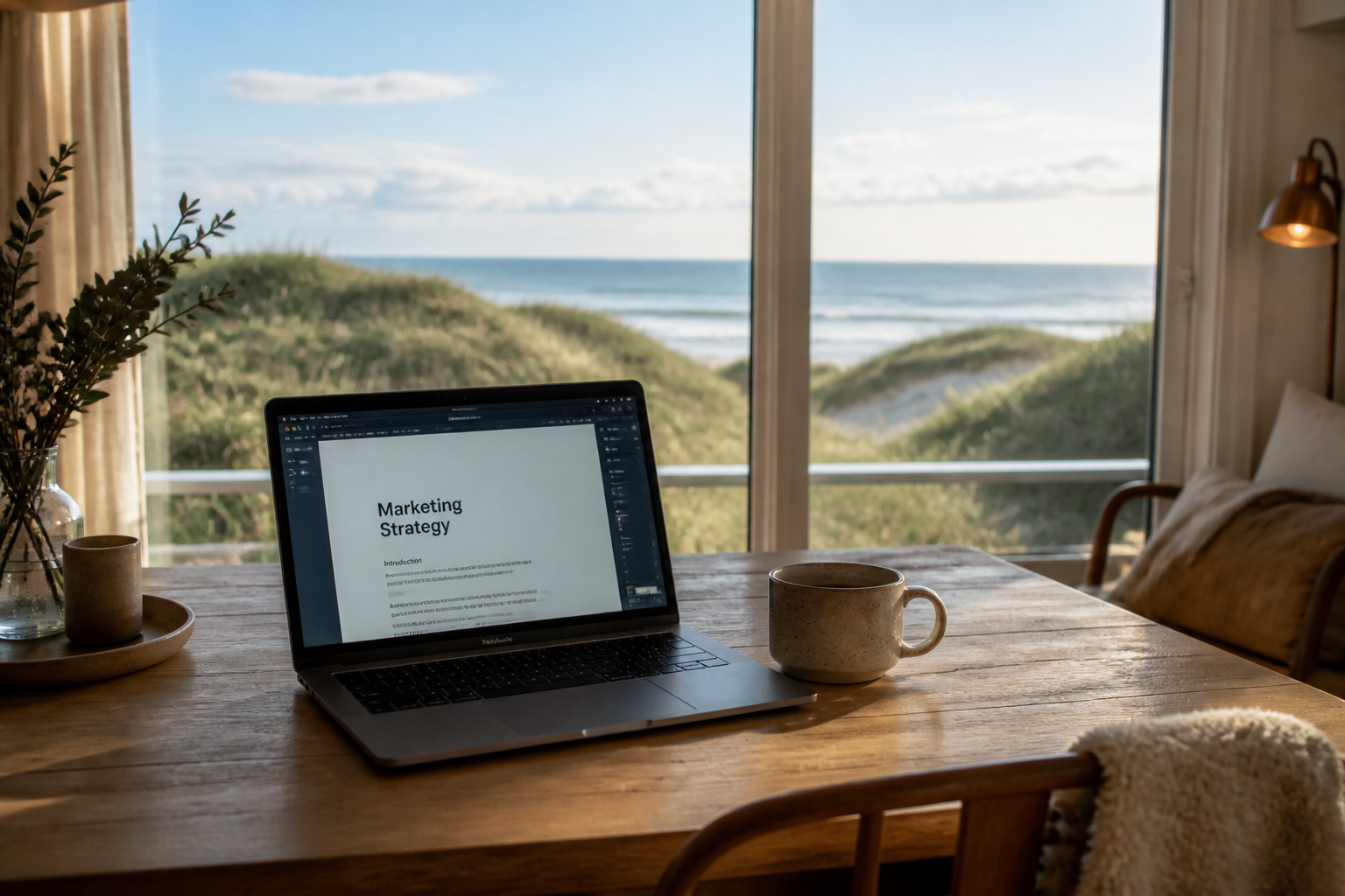 Laptop am Fenster einer Ferienwohnung mit Blick auf die Föhrer Küstenlandschaft