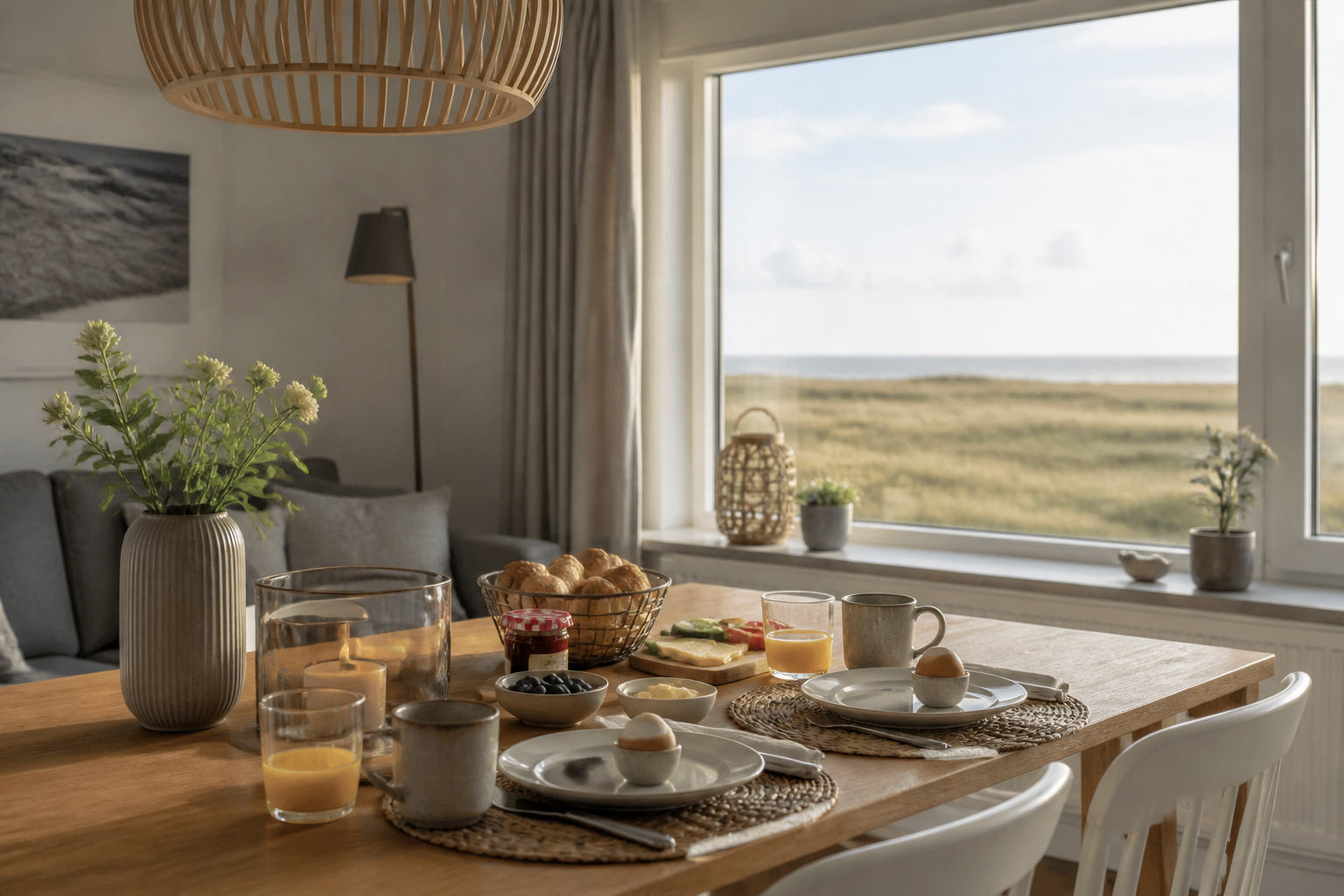 Gedeckter Frühstückstisch für zwei in einer hellen Ferienwohnung mit Blick in die flache Föhrer Küstenlandschaft