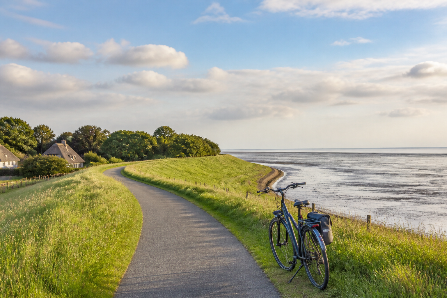 Ruhiger Radweg entlang des Deichs auf der Nordseeinsel Föhr mit Blick auf das Wattenmeer